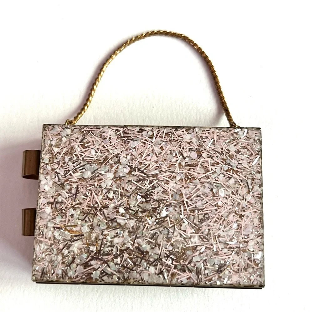 Retro Vintage Gold Tone Metal Glitter Compact Makeup Bag Purse Case Travel